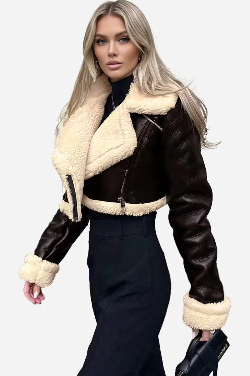 Cropped Faux Leather Sherpa Jacket - Image 29