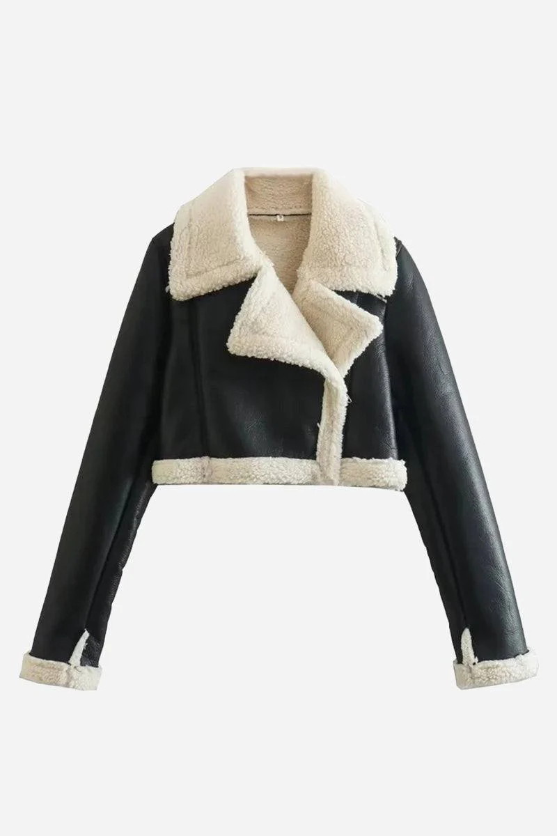 Cropped Faux Leather Sherpa Jacket - Image 7