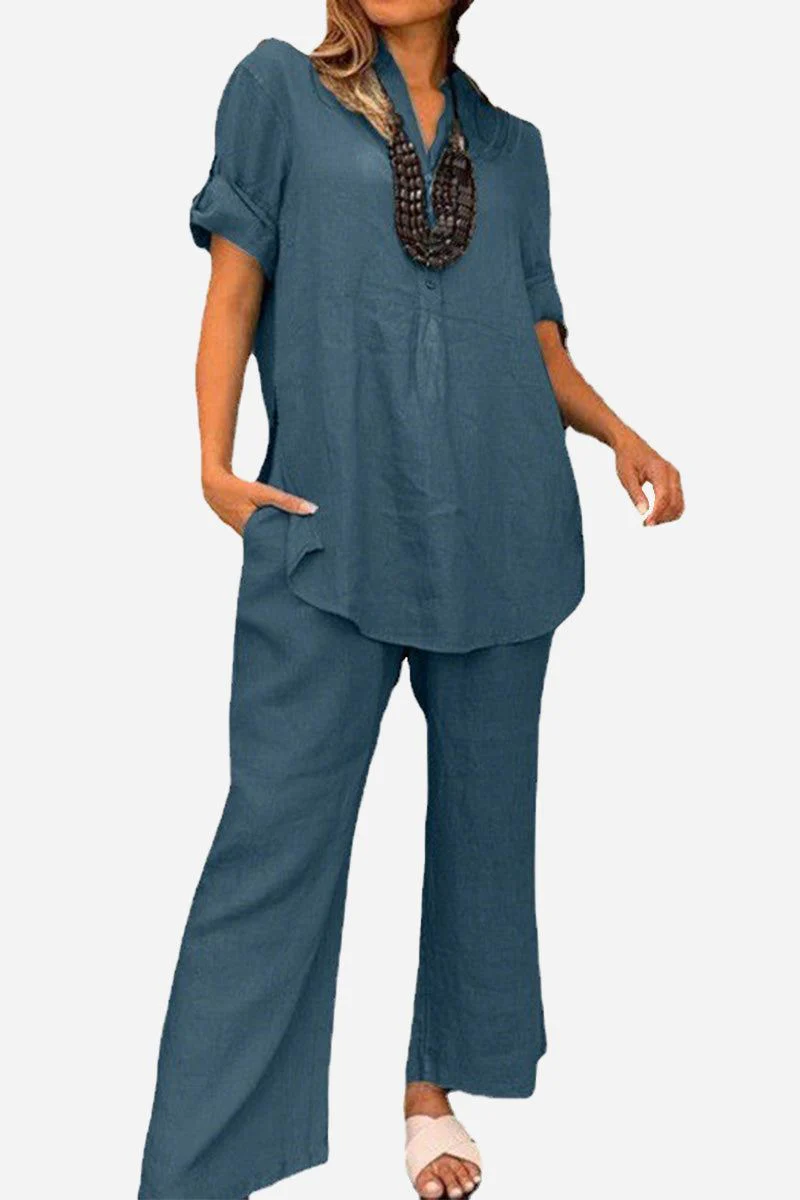 Dressed-up Casual: Short-Sleeved V-neck Top & Wide Trouser Suit - Image 7