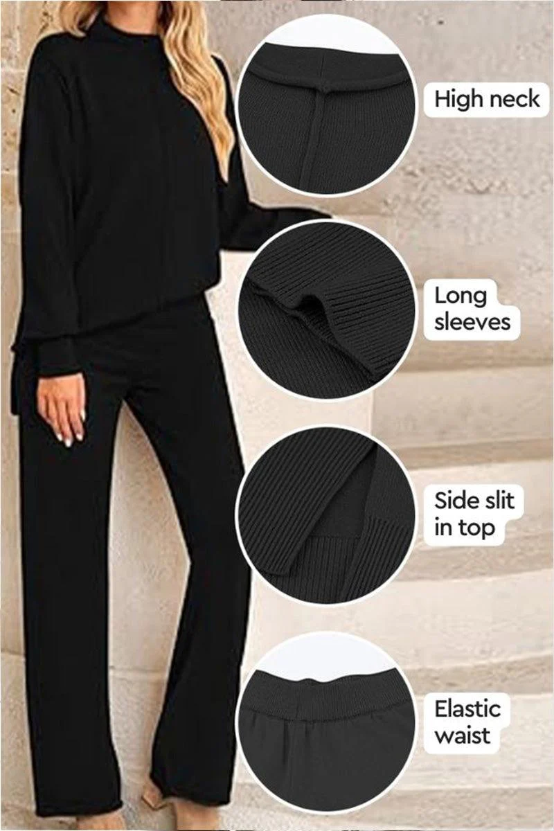 Feel Cozy but Stay in Style: High Neck Sweater Wide Leg Pant Set - Image 2