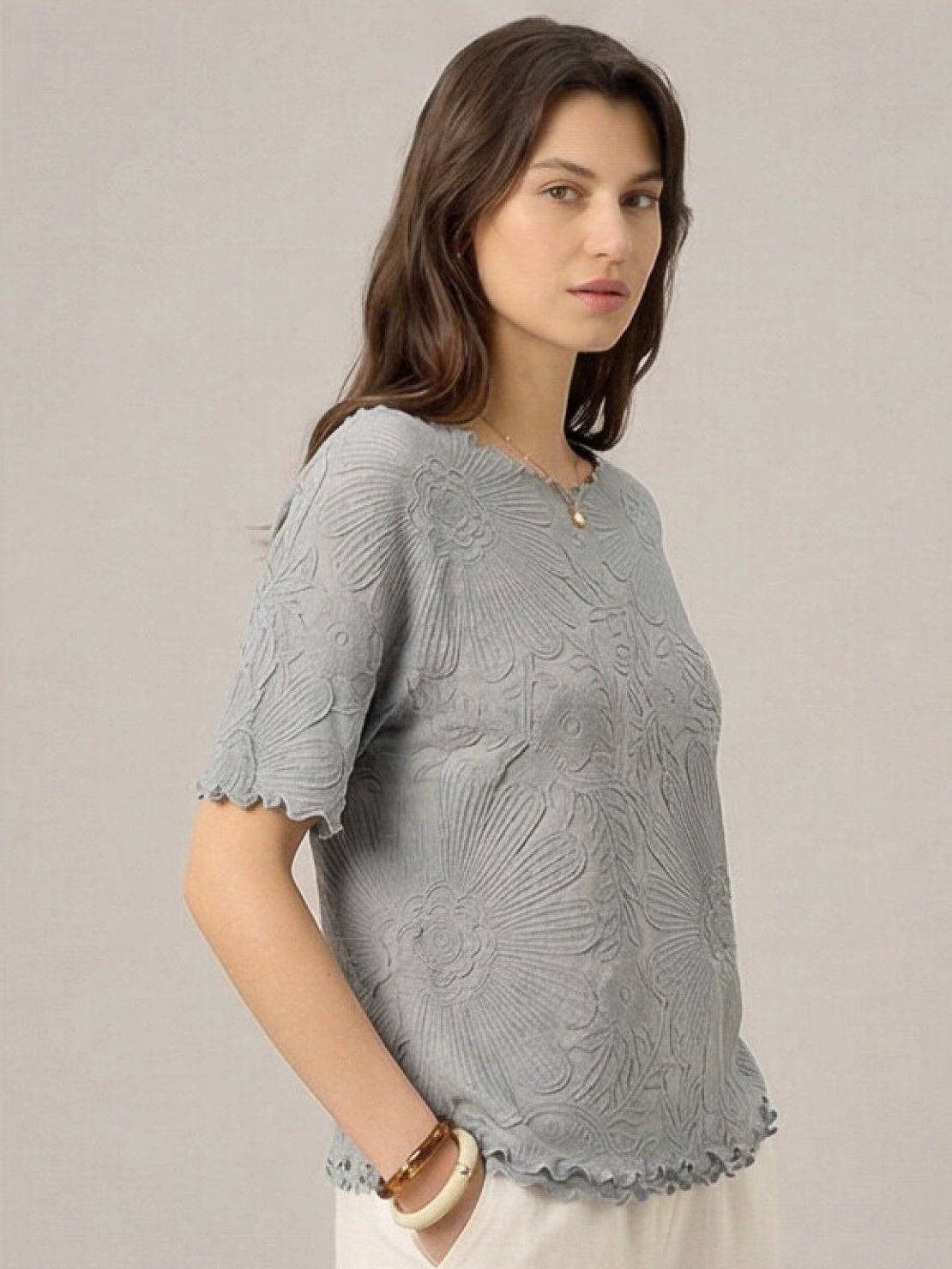 Floral Jacquard Pleated Top - Image 39