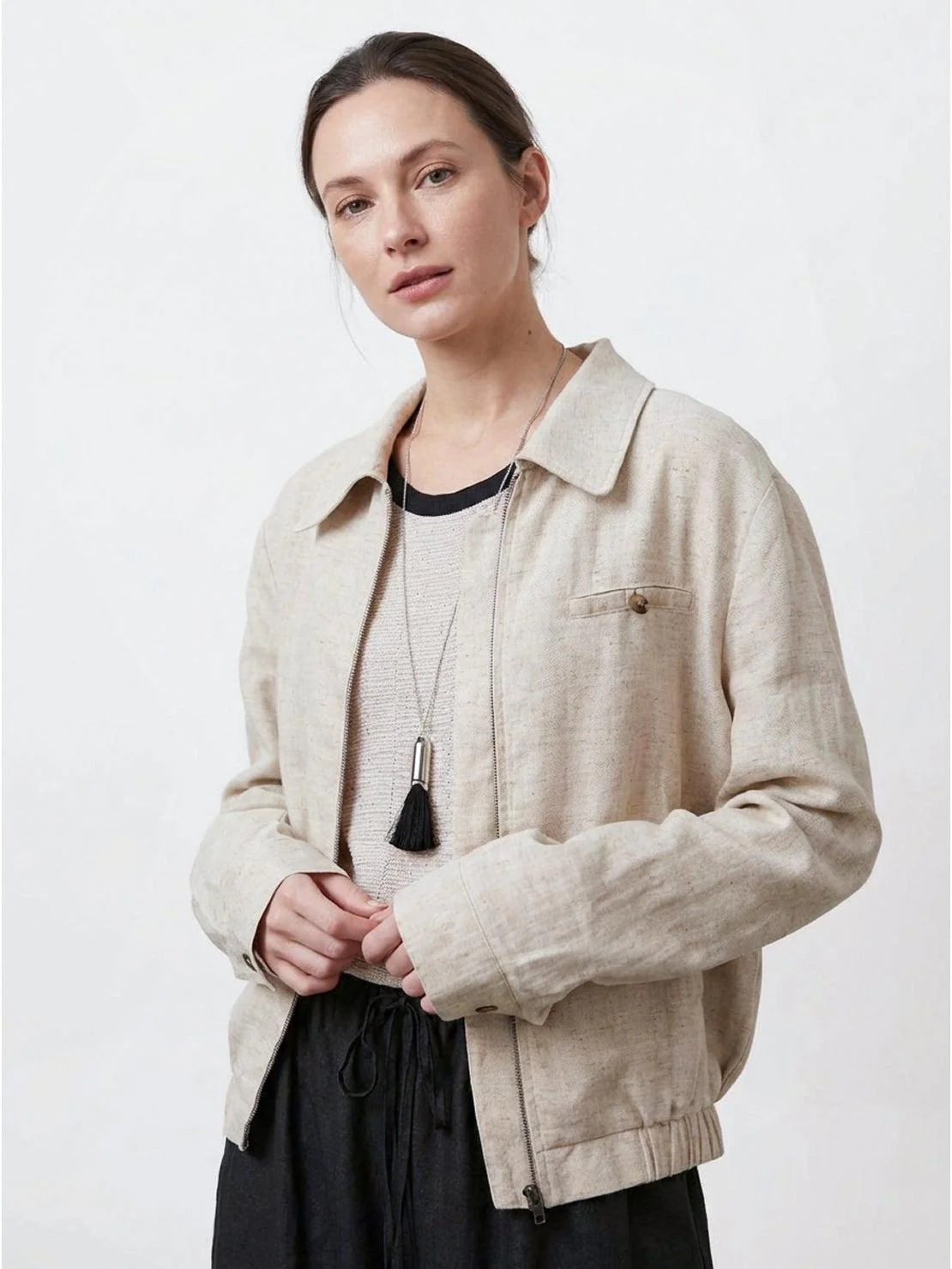 Linen-Lyocell Zip Bomber Jacket