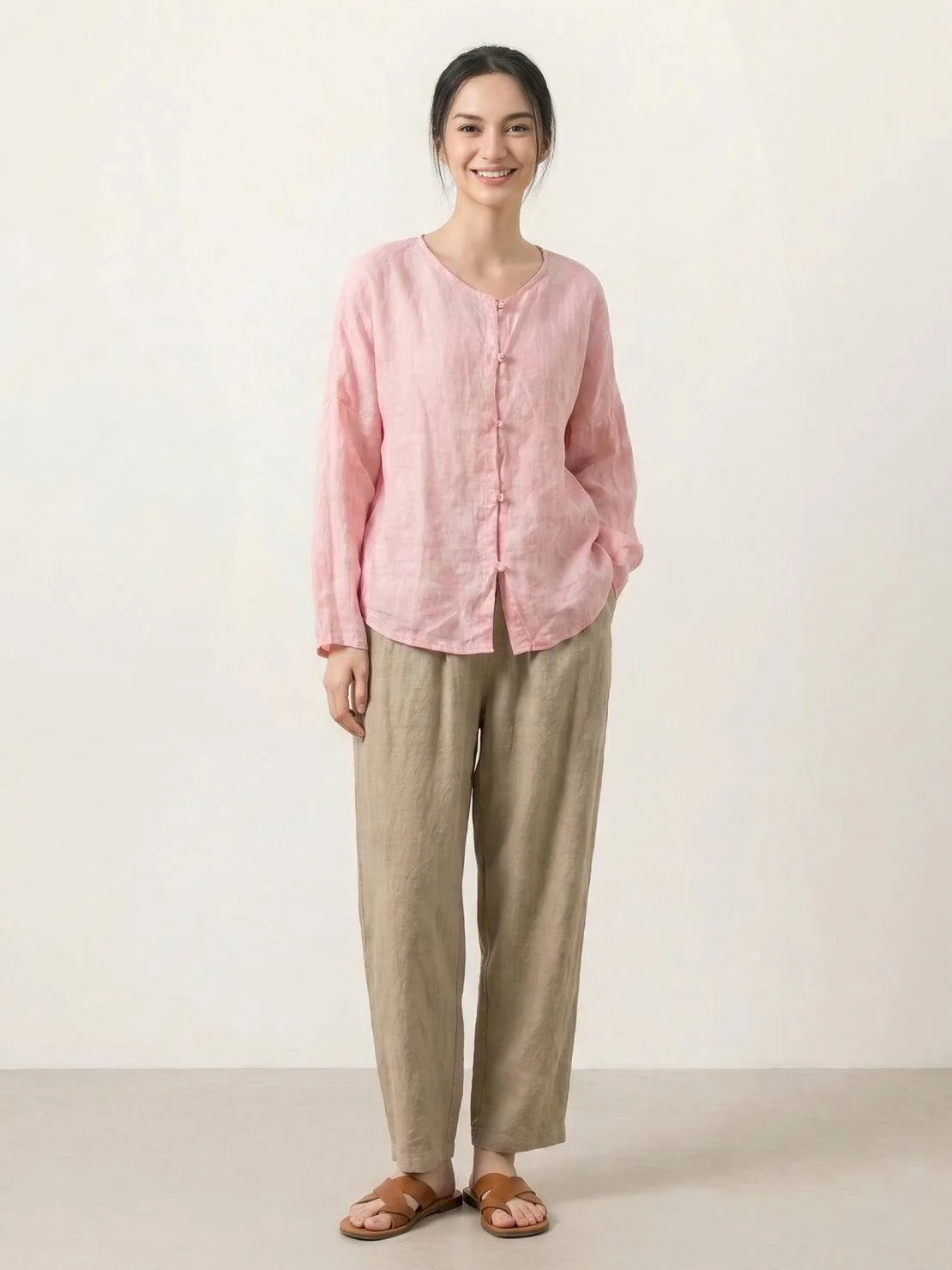 Oversized 100% Linen Frog-Button Blouse - Image 16