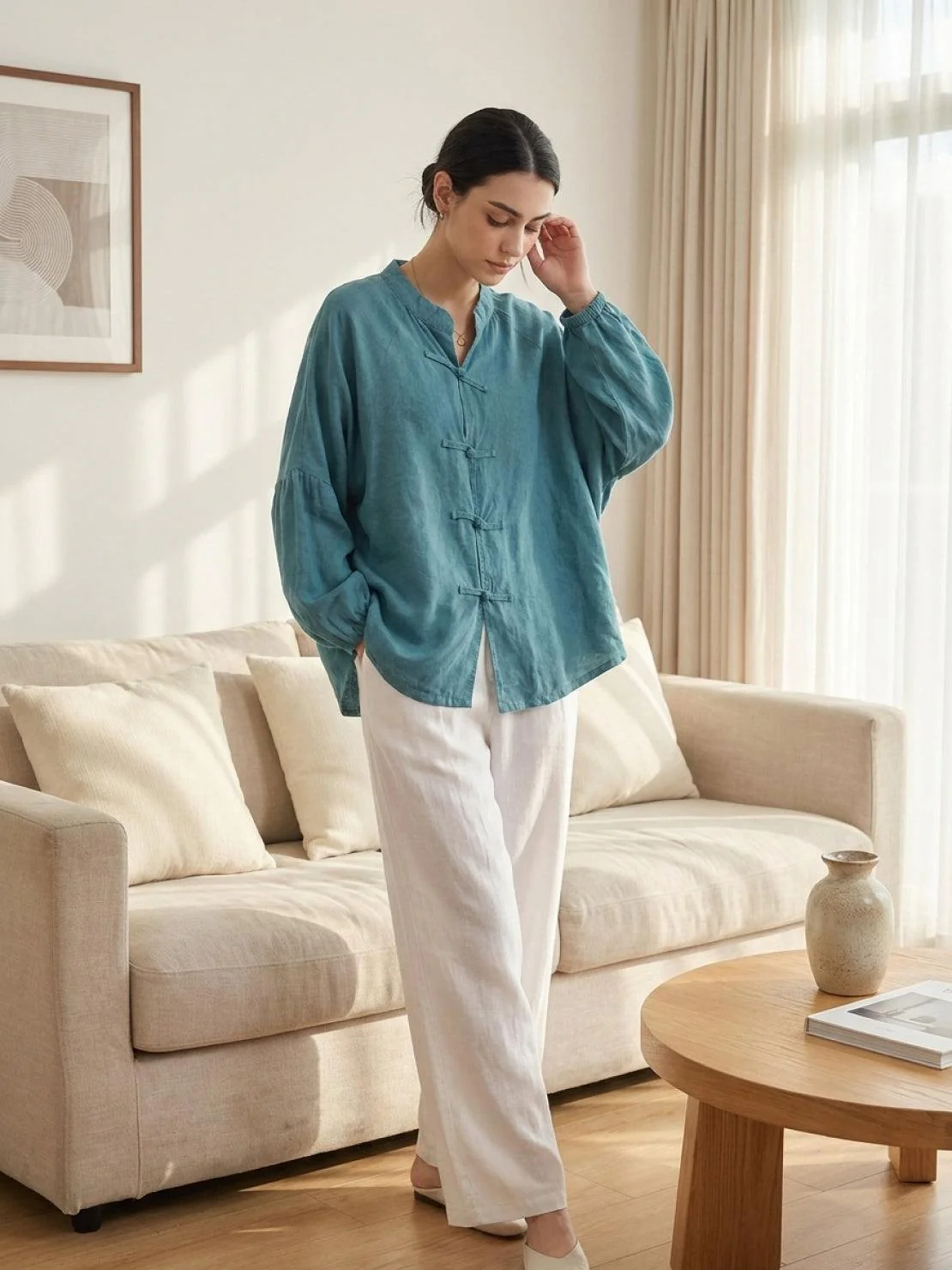 Oversized Linen-Cotton Tang Knot Blouse - Image 2