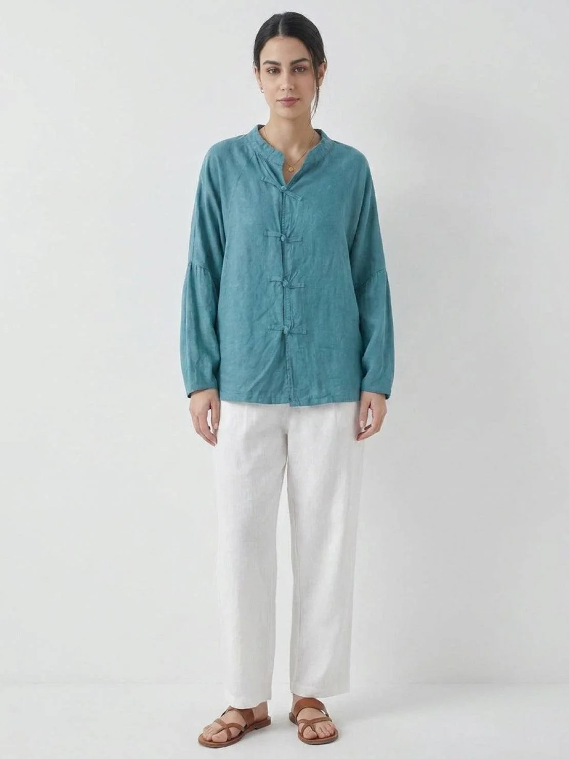 Oversized Linen-Cotton Tang Knot Blouse - Image 4