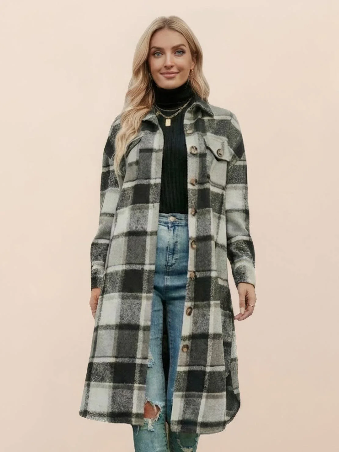 Oversized Long Plaid Shirt Jacket - Image 28