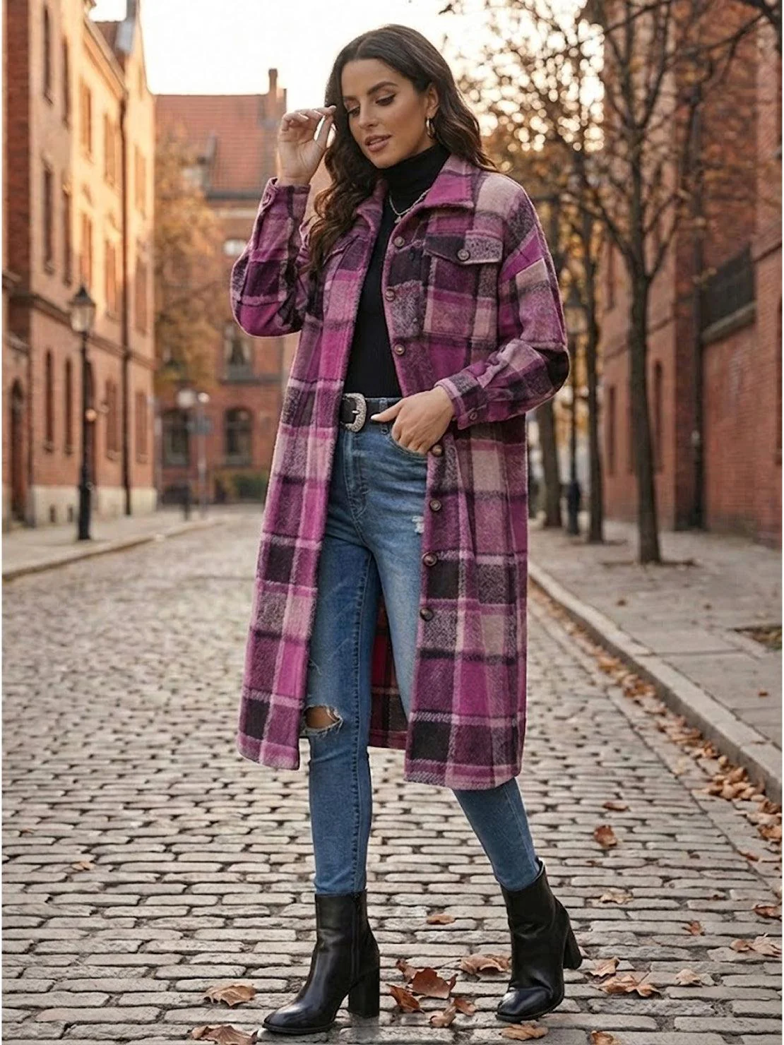 Oversized Long Plaid Shirt Jacket - Image 3