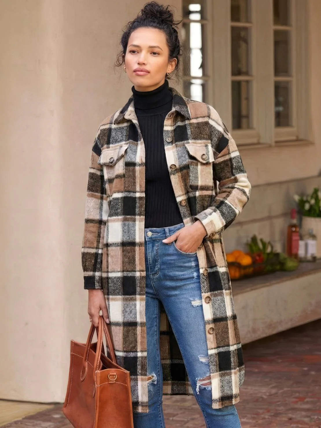 Oversized Long Plaid Shirt Jacket - Image 32