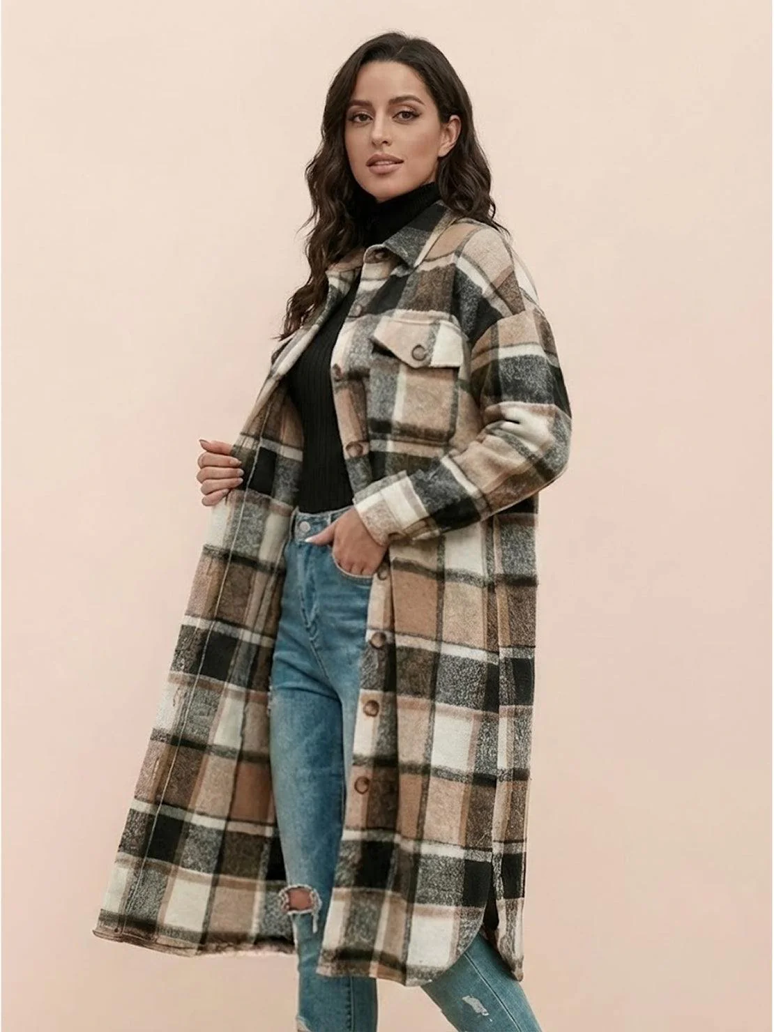 Oversized Long Plaid Shirt Jacket - Image 34