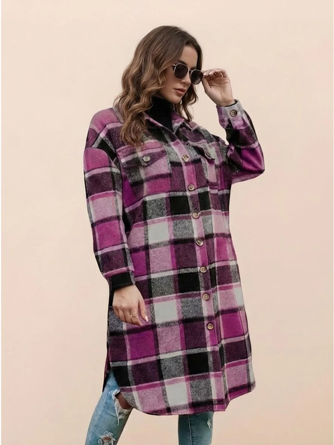 Oversized Long Plaid Shirt Jacket - Image 4