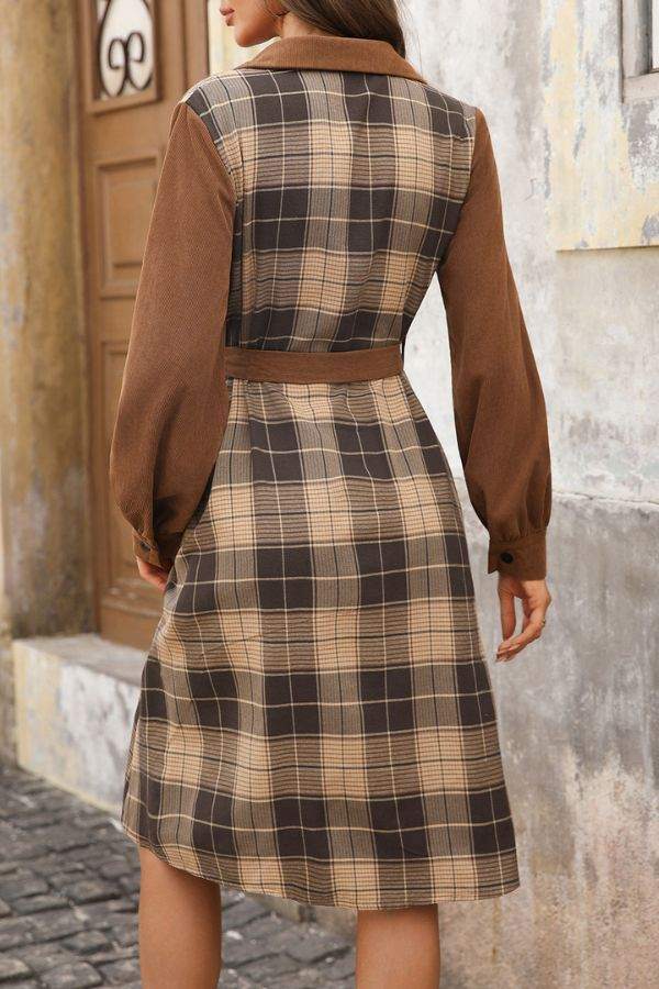 Retro Corduroy Plaid Belted Dress - Image 4