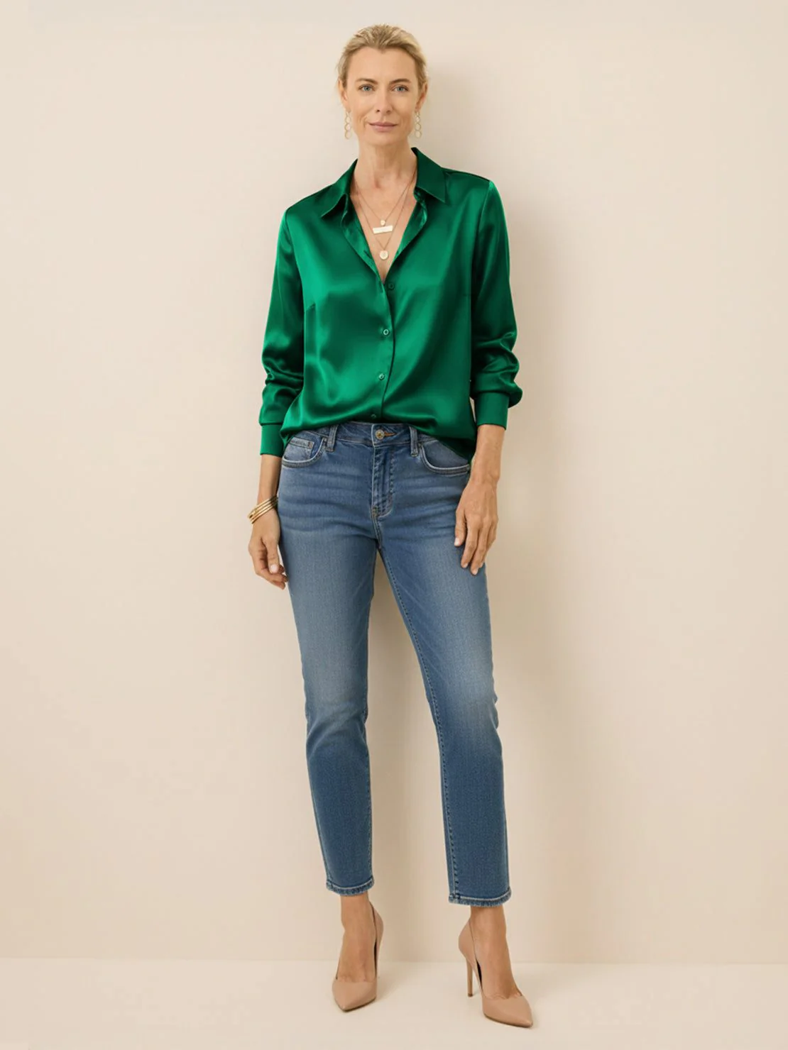 Silk-Finish Button Front Shirt - Image 34