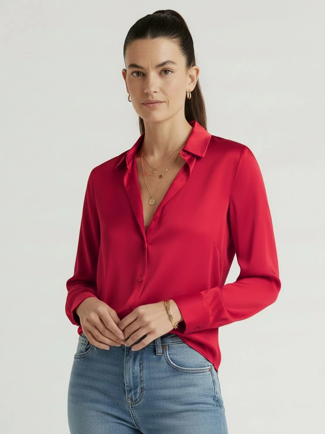 Silk-Finish Button Front Shirt - Image 43