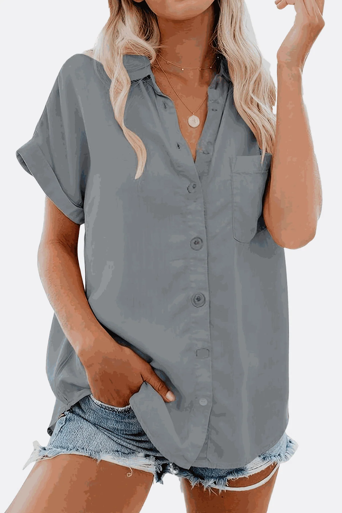 V-Neck Collared Button Blouse - Image 5