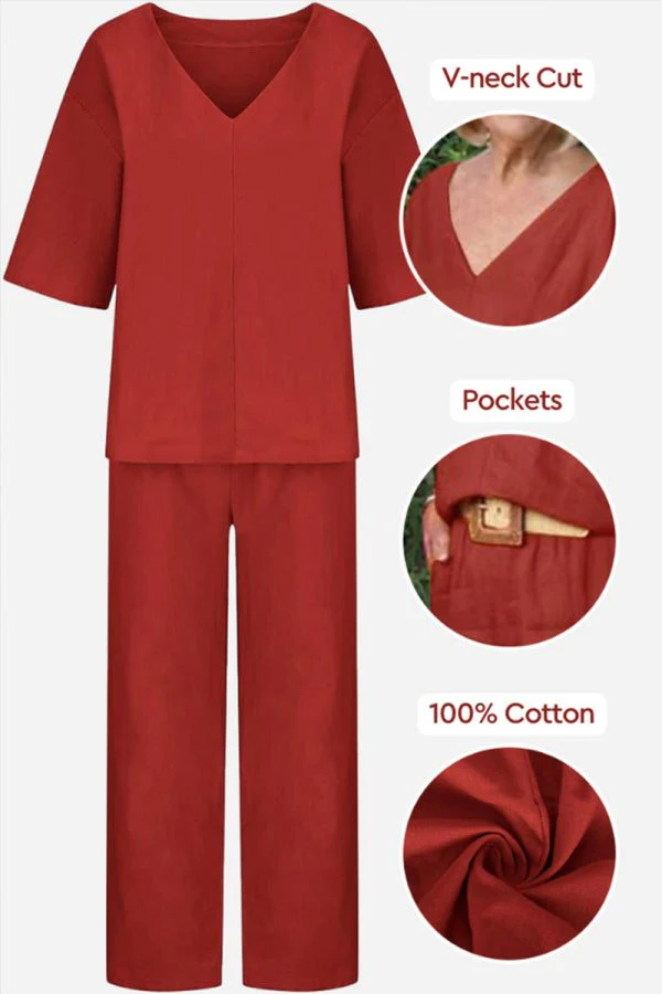 V-neck Cotton Two-Piece Trouser Set - Image 2