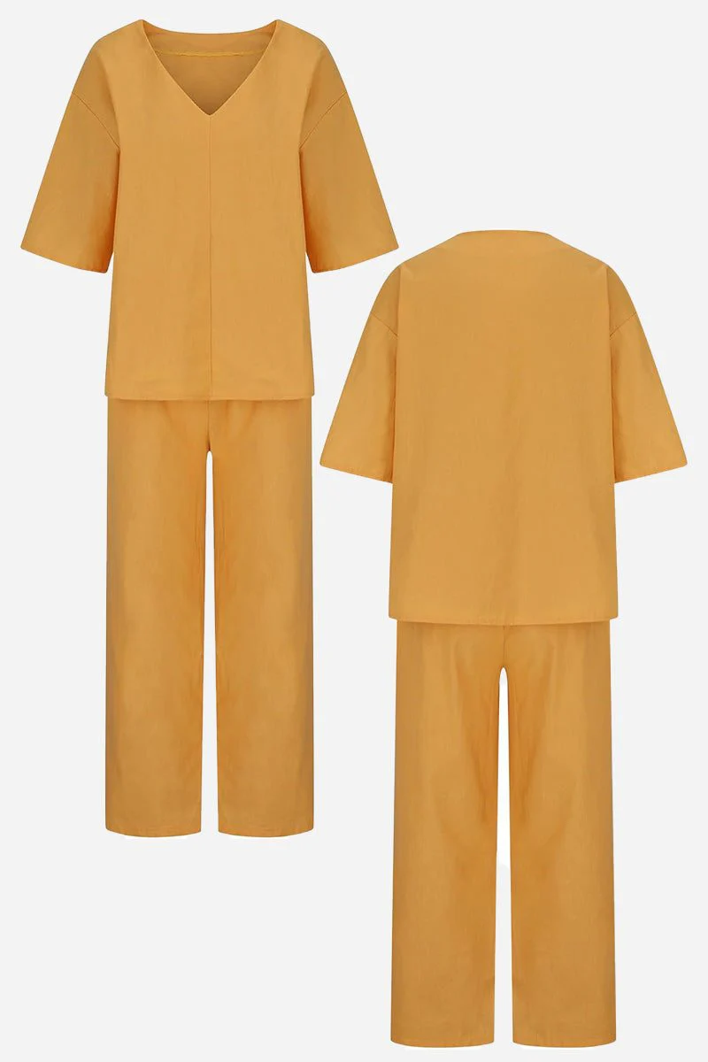 V-neck Cotton Two-Piece Trouser Set - Image 3