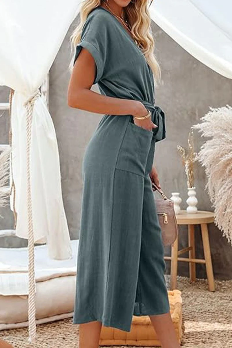 V-neck Lace-up Pocket Jumpsuit With Tie - Image 19