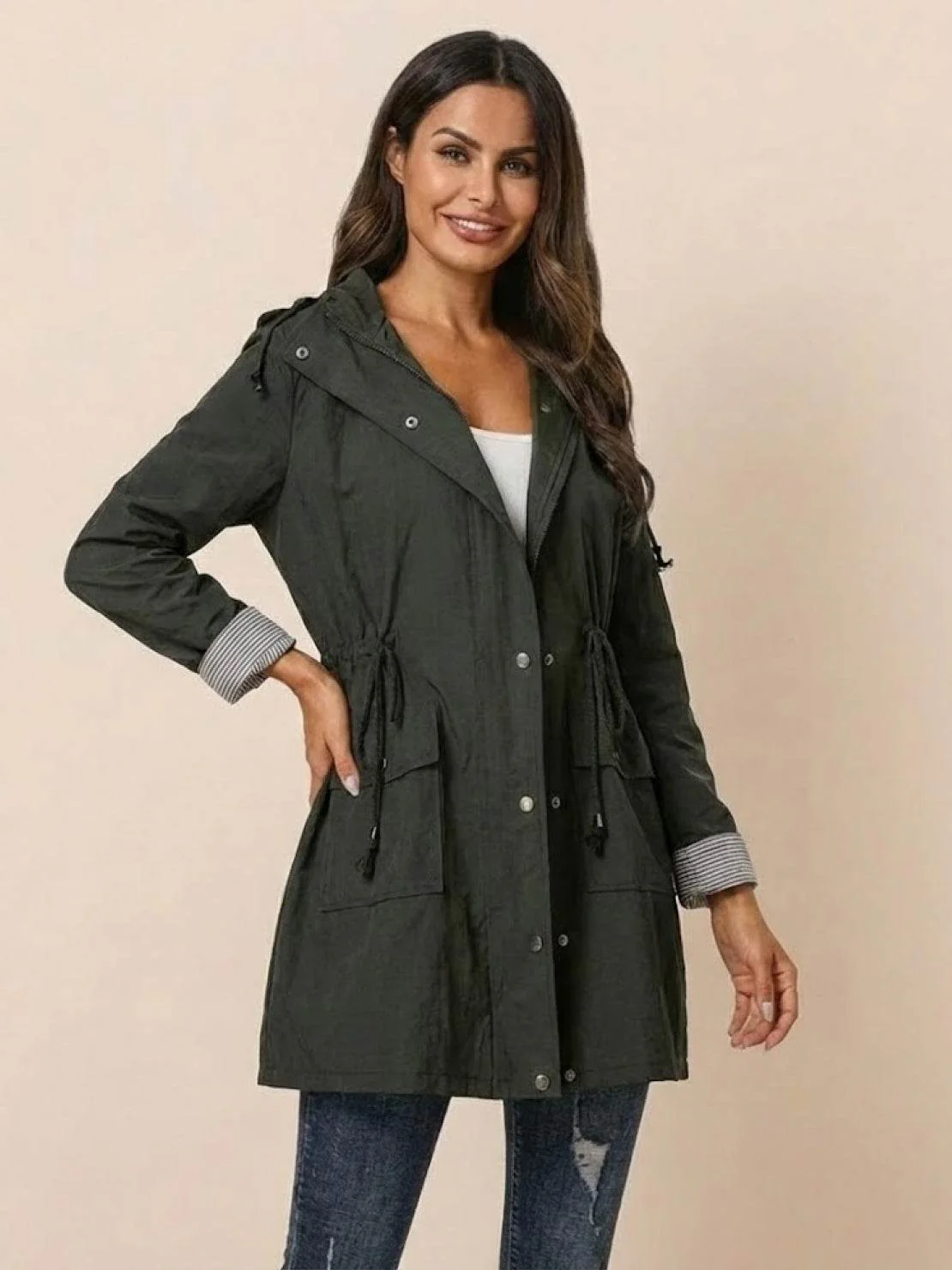Water Resistant Hooded Striped Windbreaker Rain Jacket