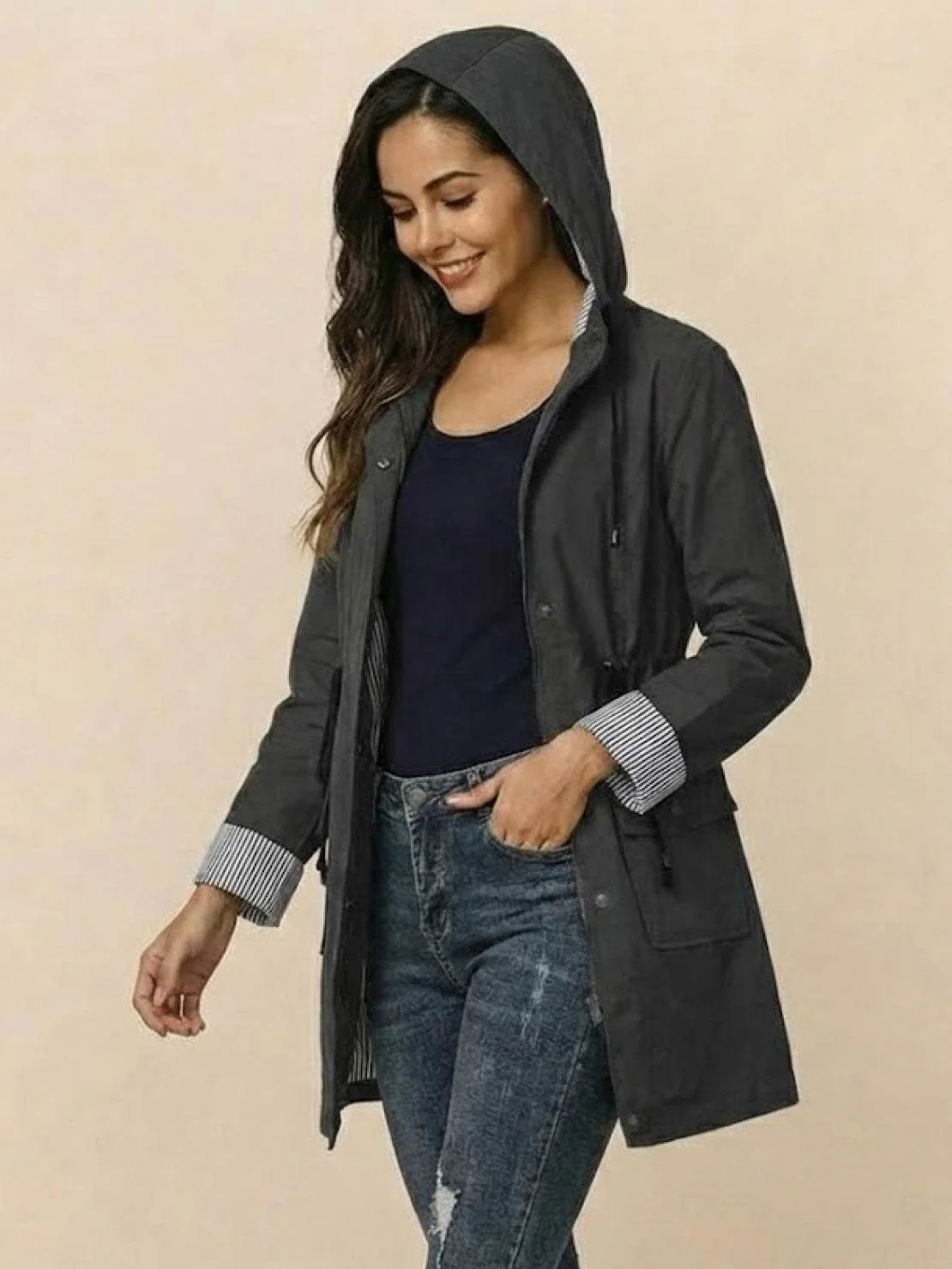 Water Resistant Hooded Striped Windbreaker Rain Jacket - Image 3