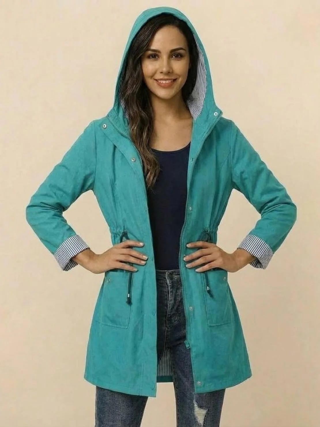 Water Resistant Hooded Striped Windbreaker Rain Jacket - Image 39
